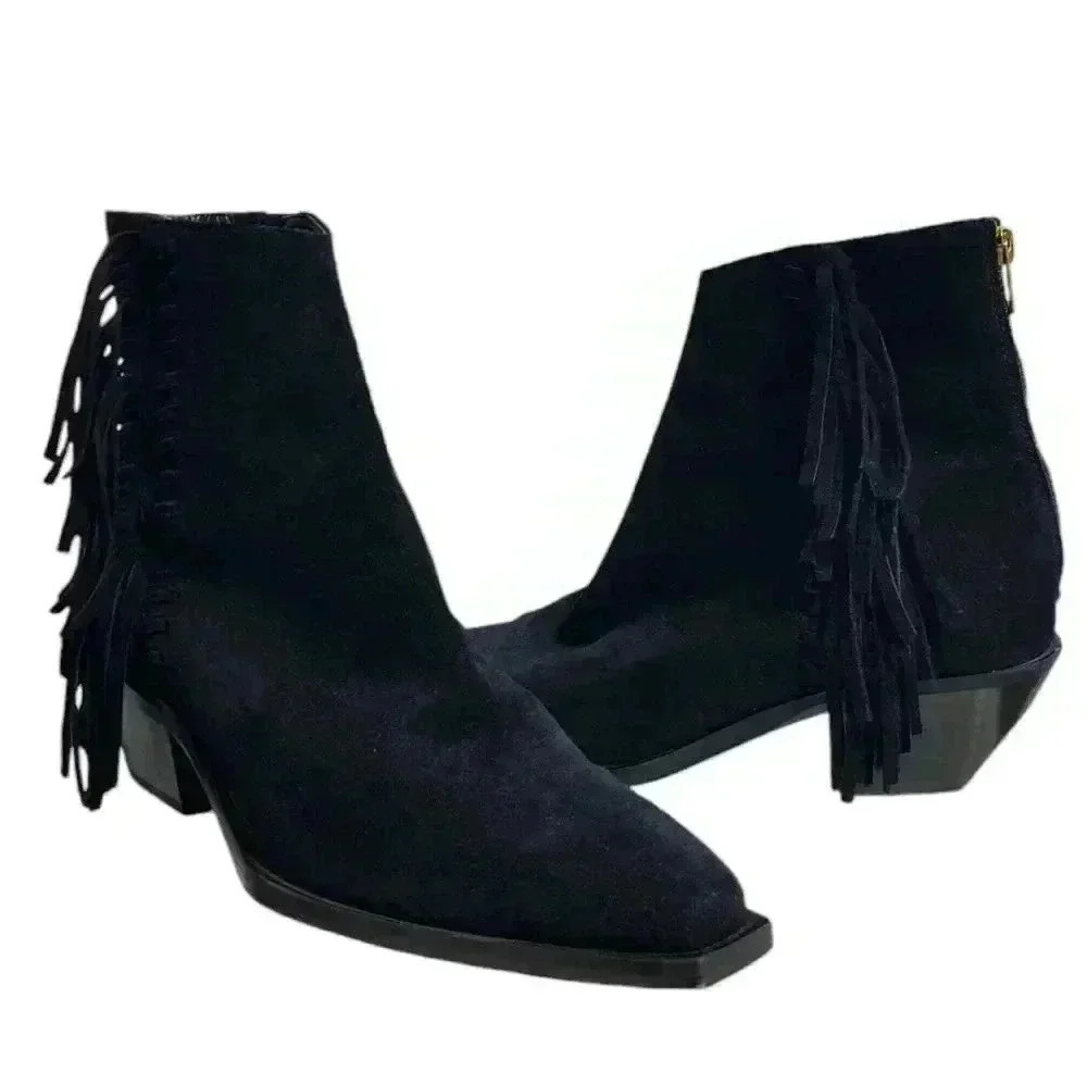 ALLSAINTS Layla Suede Fringe Black Ankle Boots Size 39 US 9